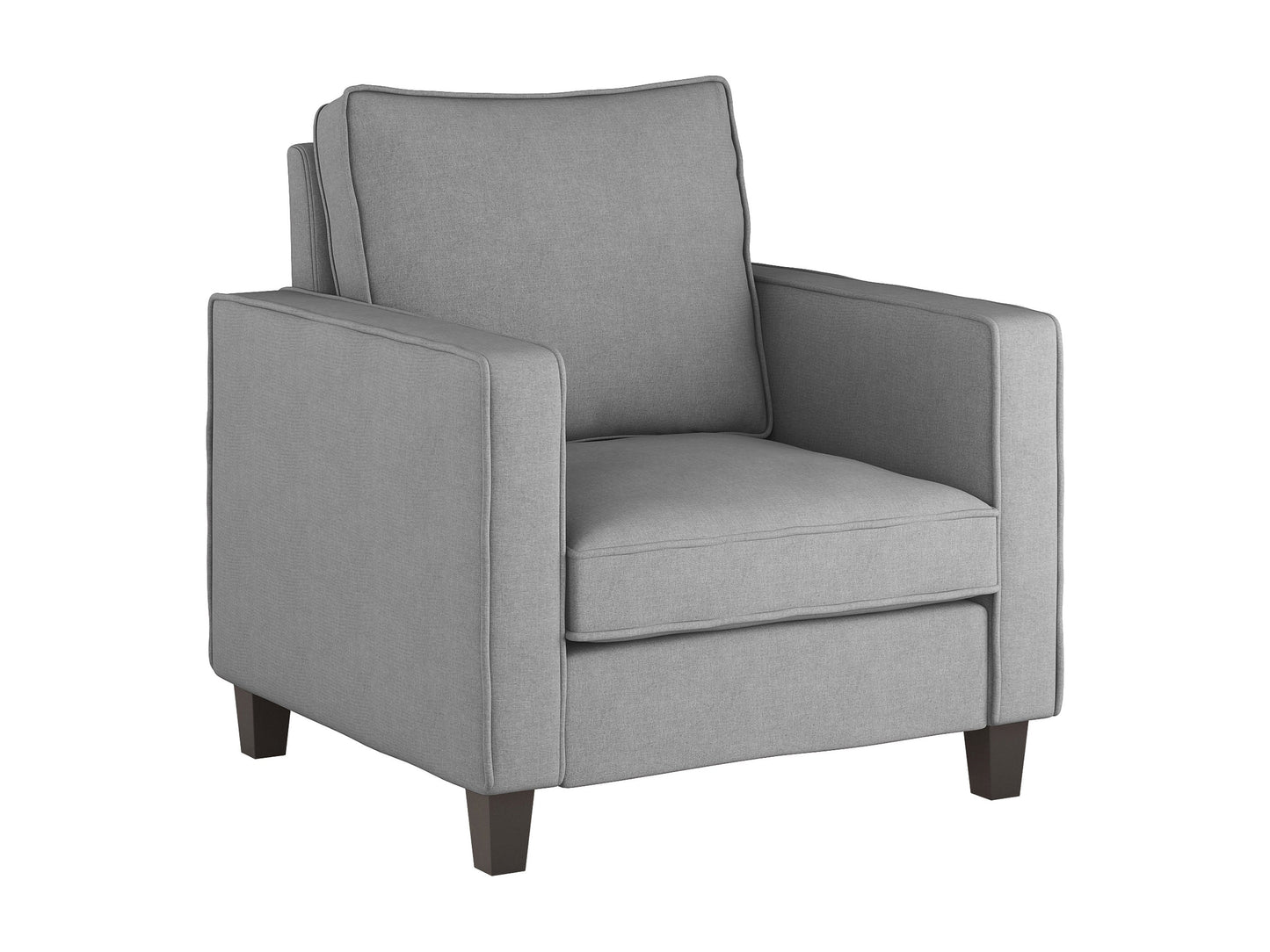 Light grey mid-century modern arm chair with wooden legs and armrests, featuring a cushioned seat and backrest with tufted upholstery. Ideal for living rooms or offices seeking stylish, comfortable seating.