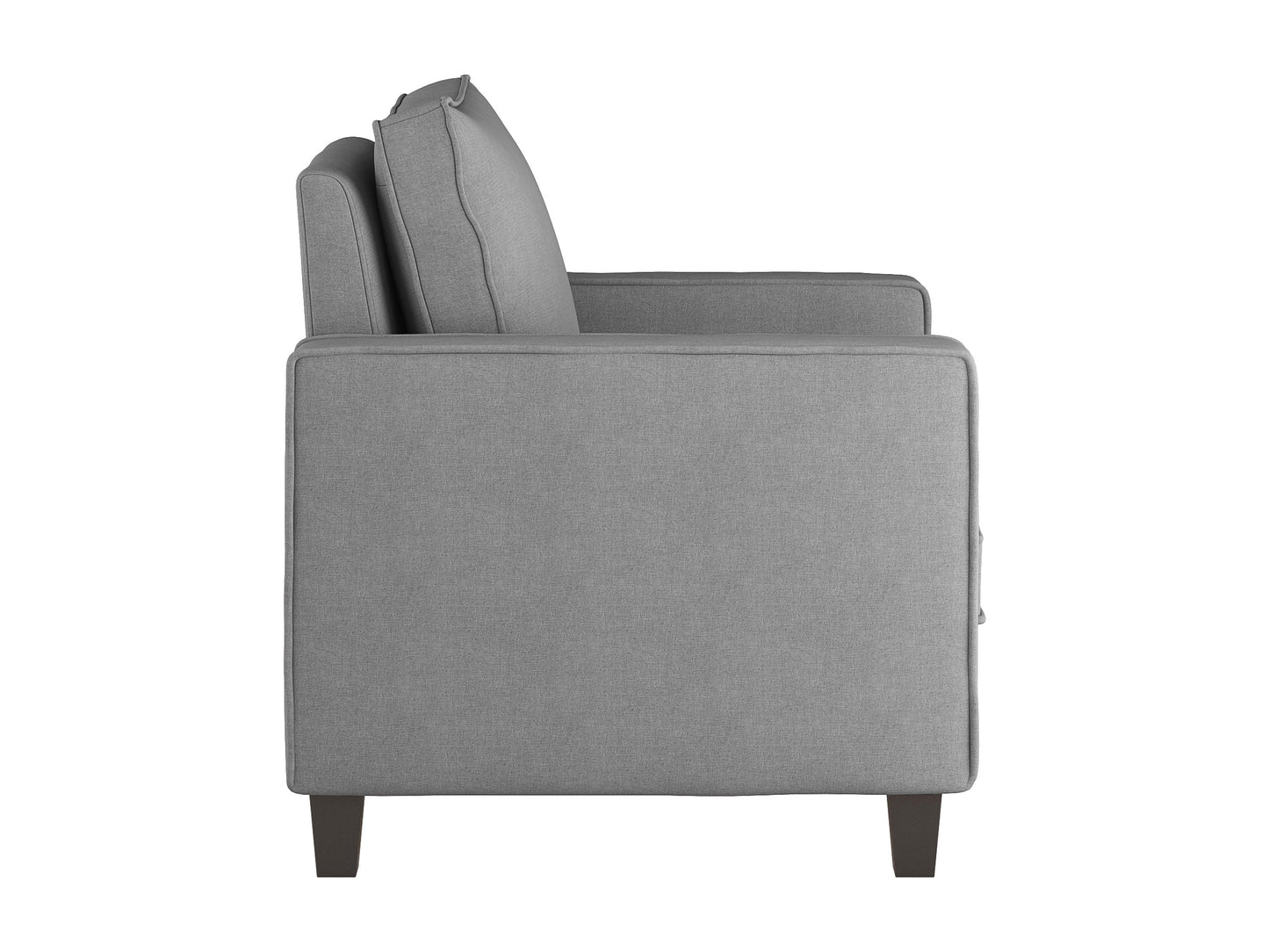 Light grey mid-century modern arm chair with wooden legs and armrests, featuring a cushioned seat and backrest with tufted upholstery. Ideal for living rooms or offices seeking stylish, comfortable seating.