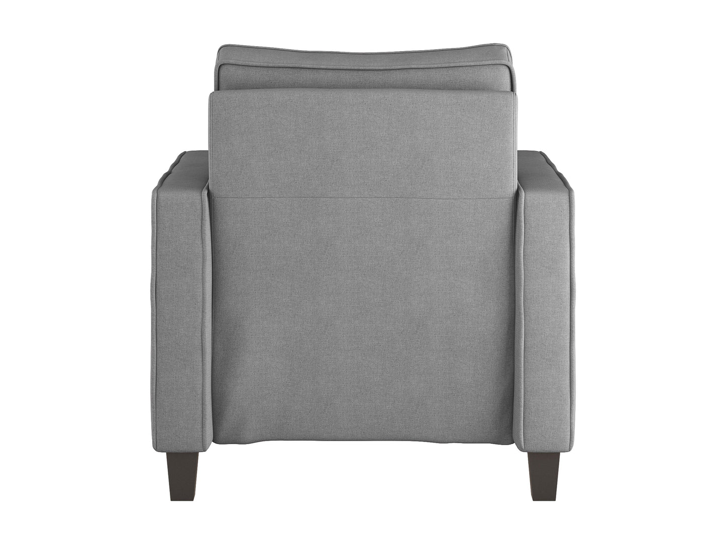 Light grey mid-century modern arm chair with wooden legs and armrests, featuring a cushioned seat and backrest with tufted upholstery. Ideal for living rooms or offices seeking stylish, comfortable seating.