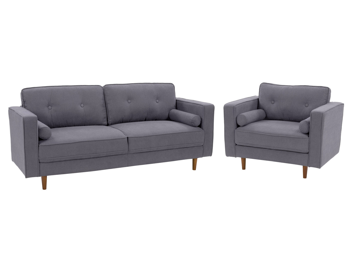 Grey 2-piece sofa and chair set with plush cushions, modern design, and sturdy wooden legs. Perfect for living room comfort and style.