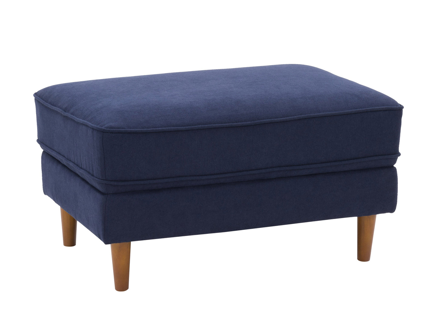 Navy blue mid-century modern ottoman with wooden legs, tufted fabric, and sleek design. Perfect for living room or bedroom decor.