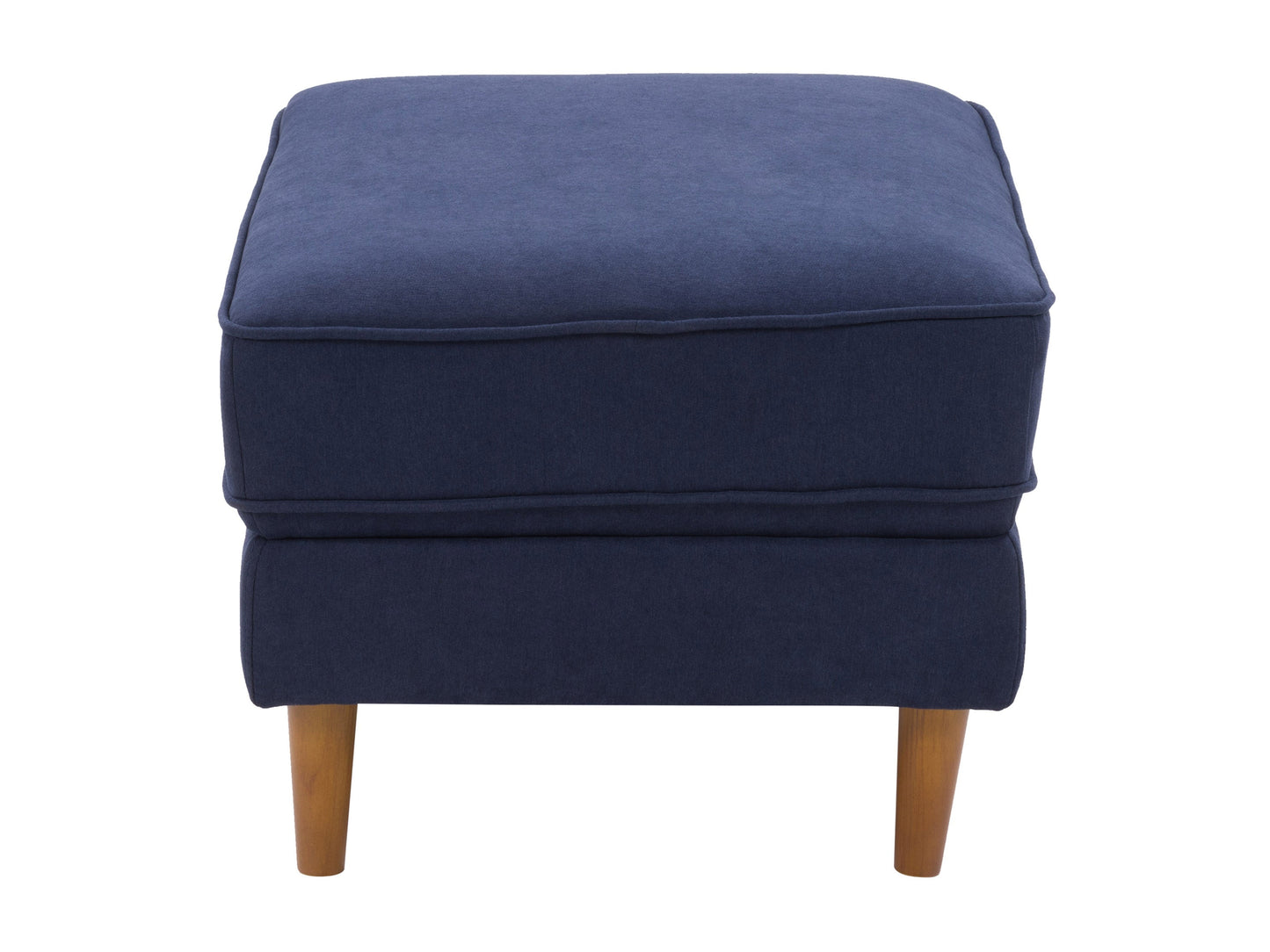 Navy blue mid-century modern ottoman with wooden legs, tufted fabric, and sleek design. Perfect for living room or bedroom decor.