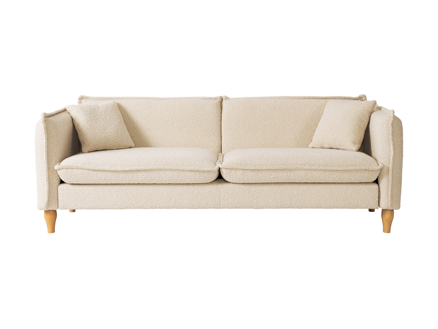 Cream Boucle Sofa with curved back, plush texture, and wooden legs. Ideal for modern living rooms. Comfortable seating with soft, tactile fabric.