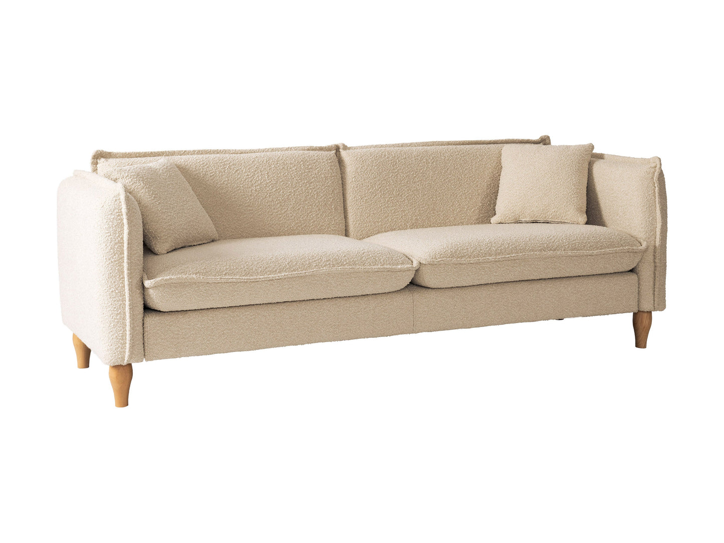 Cream Boucle Sofa with curved back, plush texture, and wooden legs. Ideal for modern living rooms. Comfortable seating with soft, tactile fabric.