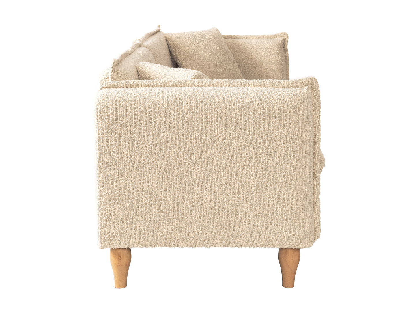 Cream Boucle Sofa with curved back, plush texture, and wooden legs. Ideal for modern living rooms. Comfortable seating with soft, tactile fabric.