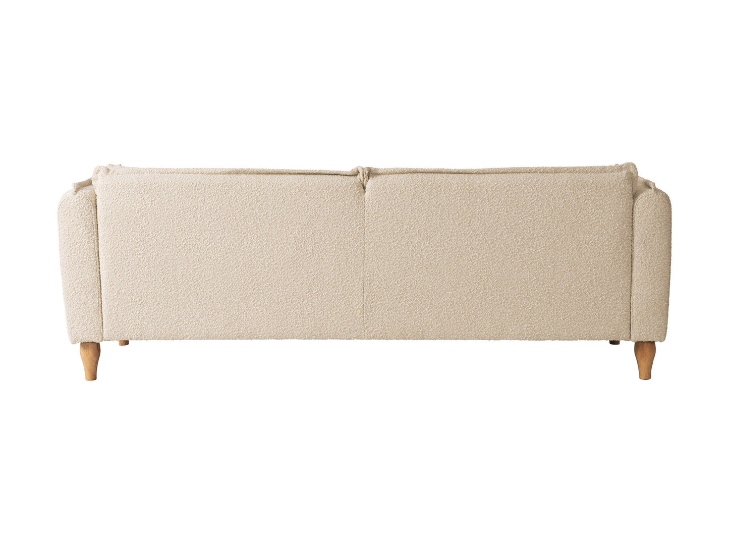 Cream Boucle Sofa with curved back, plush texture, and wooden legs. Ideal for modern living rooms. Comfortable seating with soft, tactile fabric.