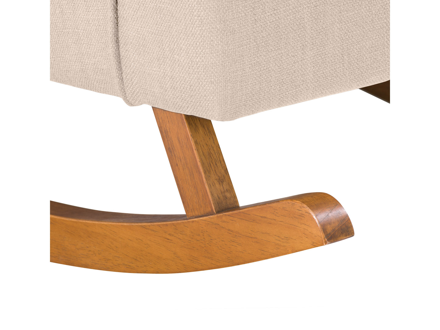 Beige rocking chair with a curved wooden frame, cushioned seat, and backrest, featuring soft fabric upholstery and ergonomic design, perfect for living rooms and nurseries.