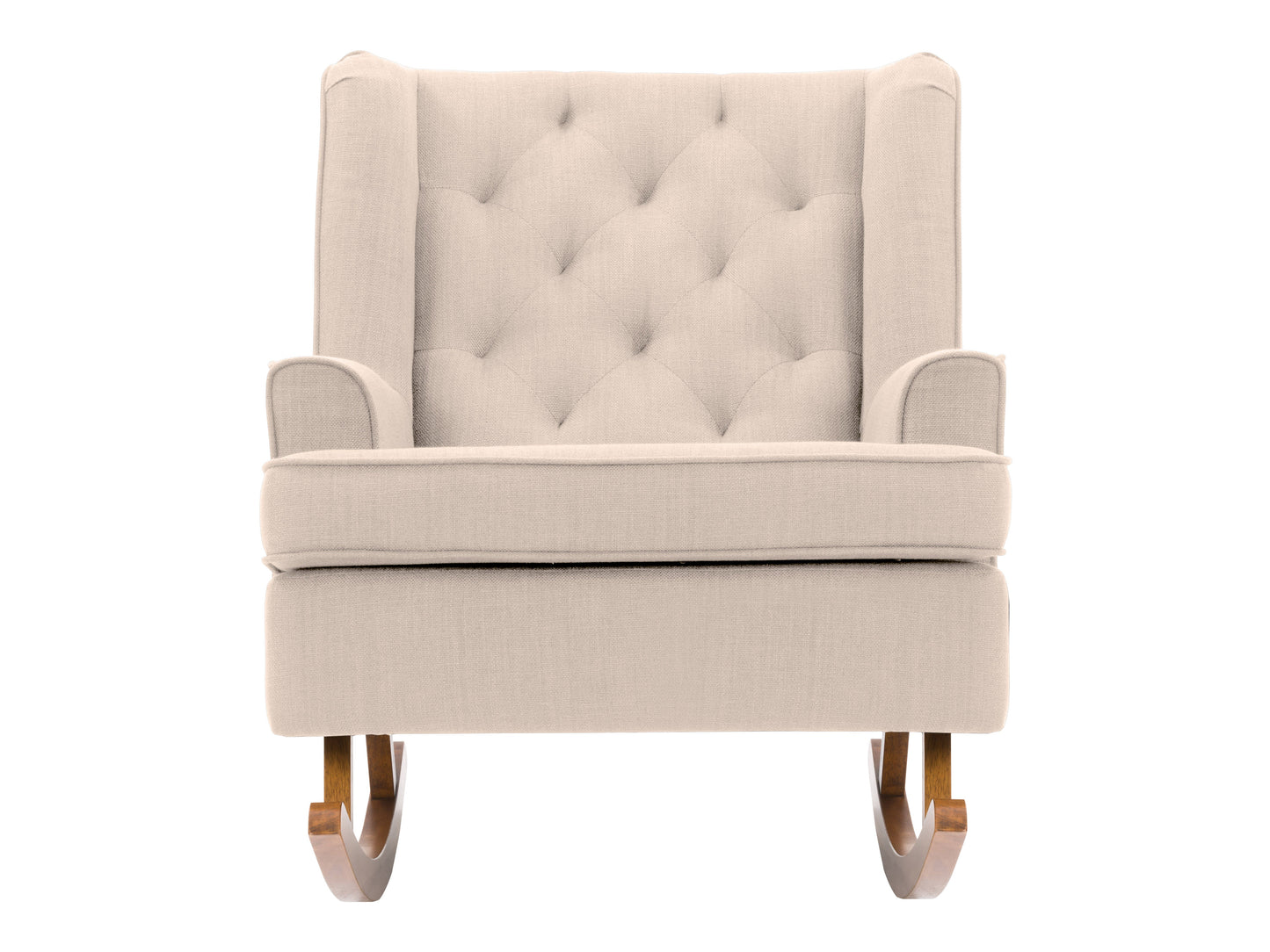 Beige rocking chair with a curved wooden frame, cushioned seat, and backrest, featuring soft fabric upholstery and ergonomic design, perfect for living rooms and nurseries.