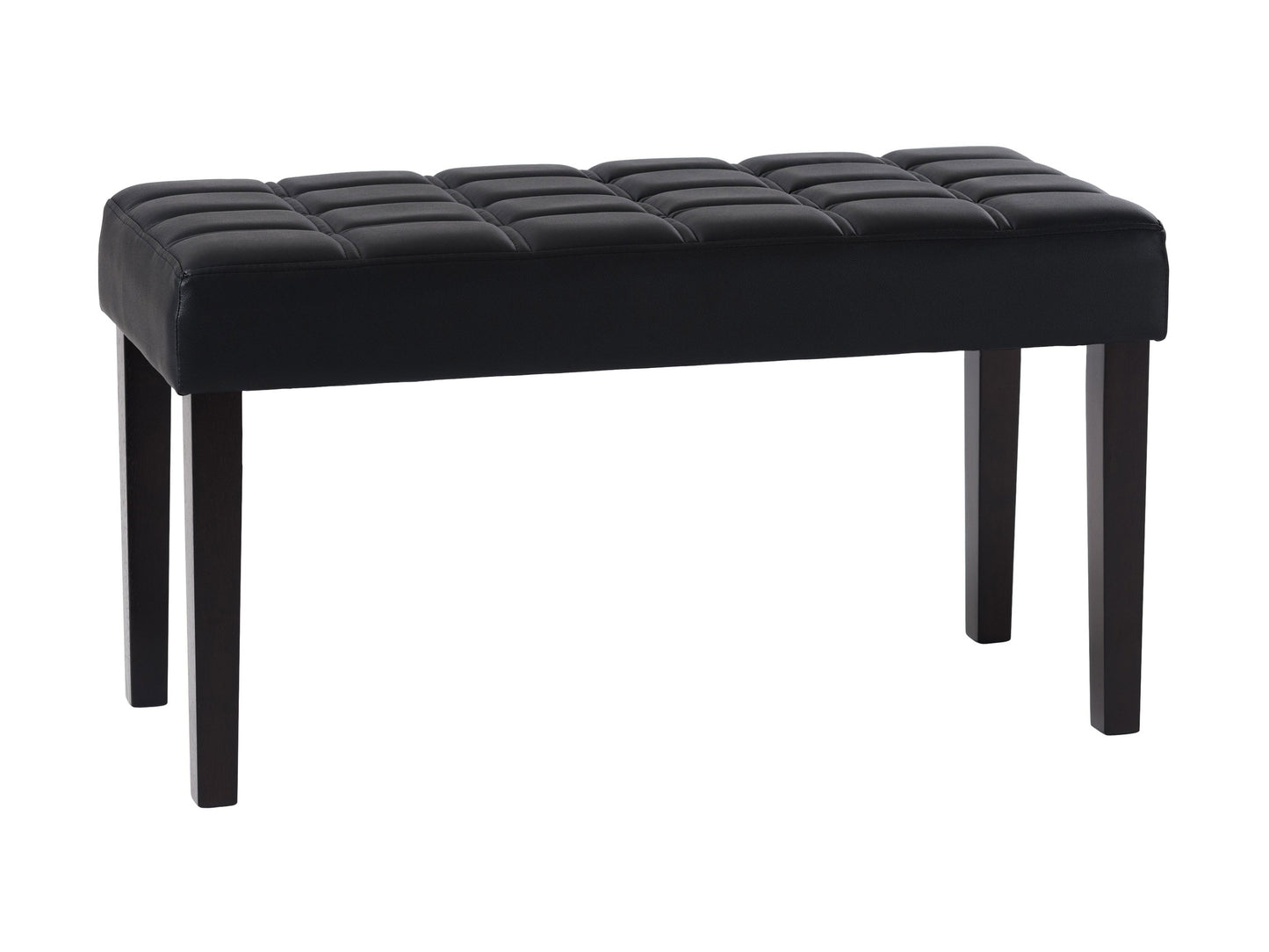 Black leather bench with sleek, modern design featuring a sturdy metal frame, tufted seat cushion, and minimalist style, perfect for contemporary living spaces or entryways.