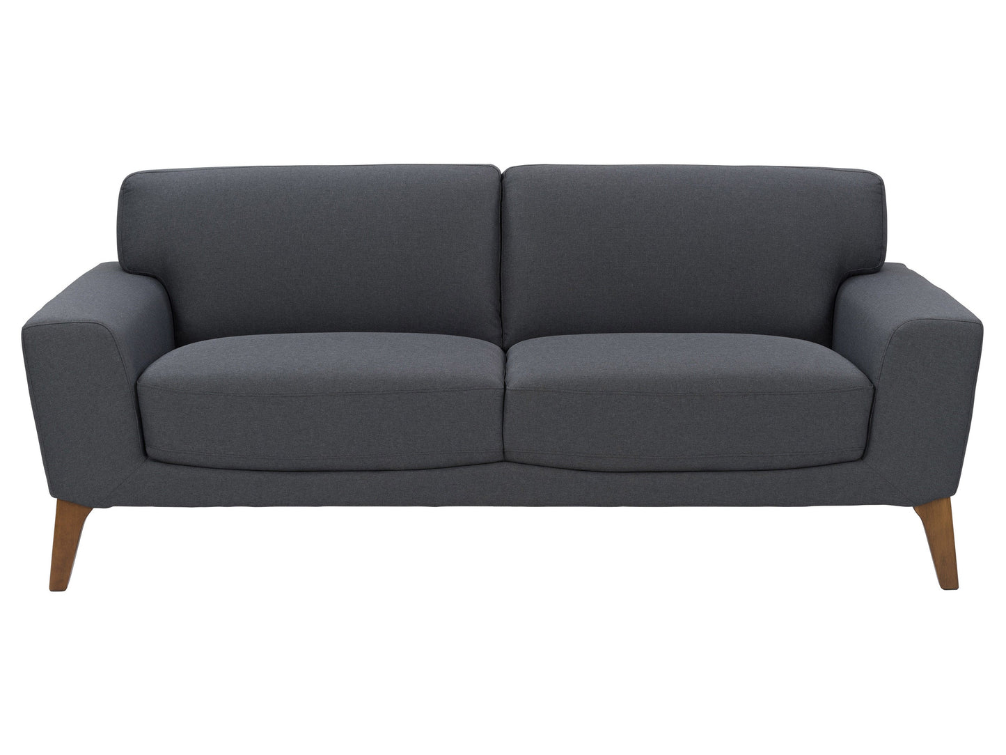 Dark grey 3-seater sofa with plush cushions, modern design, and wooden legs. Upholstered in durable fabric, perfect for contemporary living rooms.