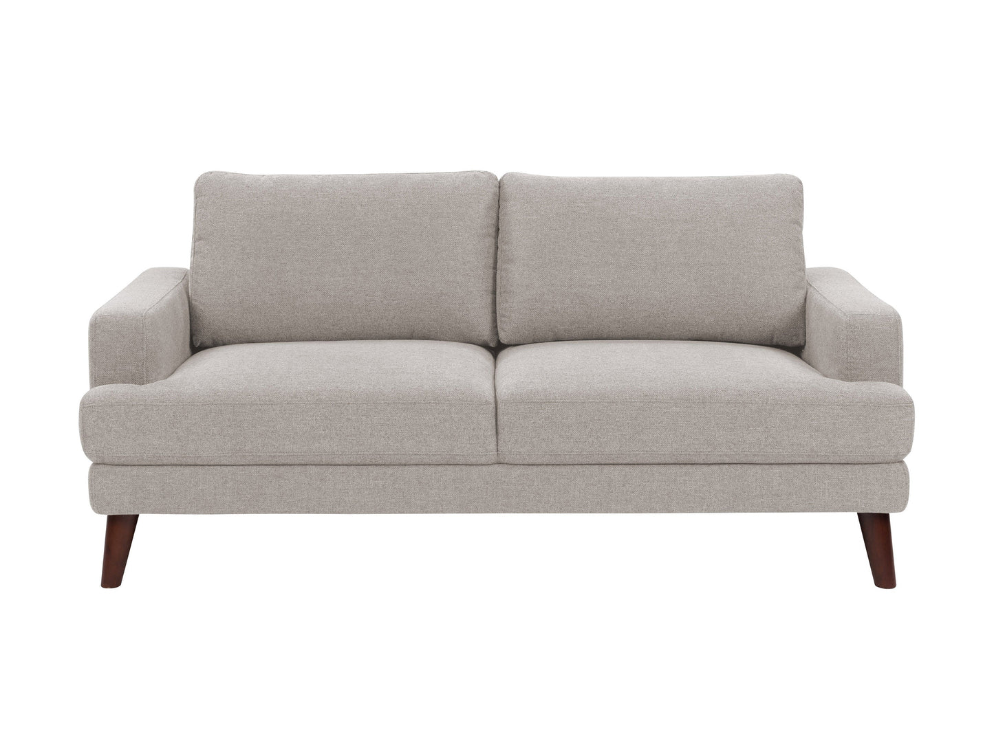 Light grey fabric sofa with tufted backrest, wooden legs, and modern design. Ideal for contemporary living rooms, offering comfort and style with durable upholstery and sleek lines.
