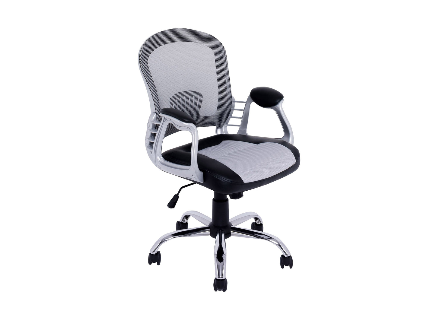 Ergonomic grey swivel office chair with cushioned seat, adjustable height, mesh backrest, and sturdy armrests, perfect for home or office use.