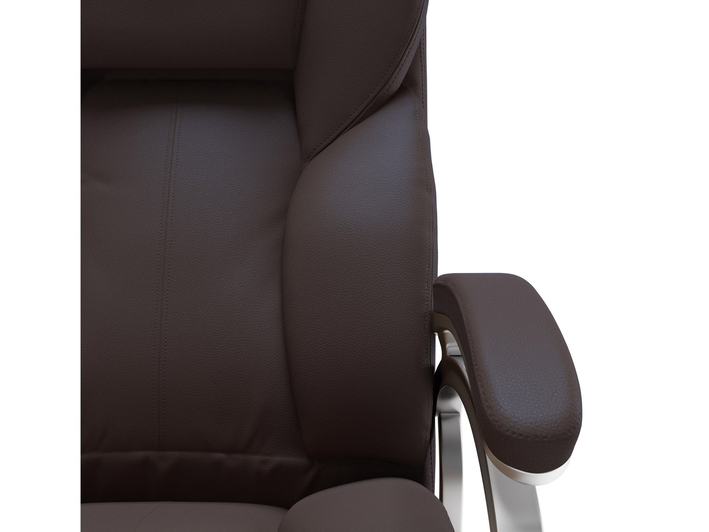 Ergonomic executive office chair in espresso brown leather with high back, adjustable armrests, and chrome base. Features plush cushioning, lumbar support, and 360-degree swivel for enhanced comfort and productivity.