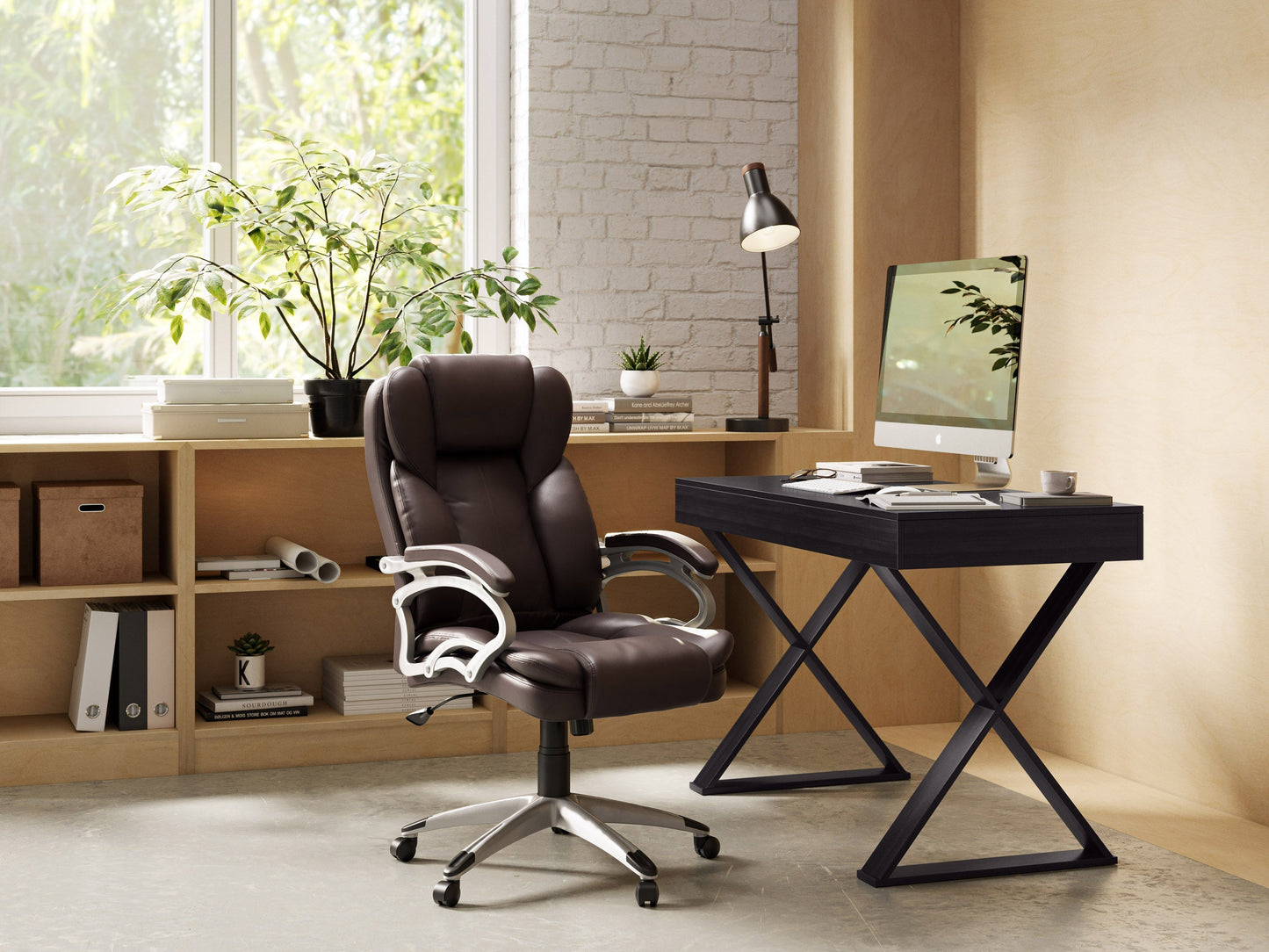 Ergonomic executive office chair in espresso brown leather with high back, adjustable armrests, and chrome base. Features plush cushioning, lumbar support, and 360-degree swivel for enhanced comfort and productivity.