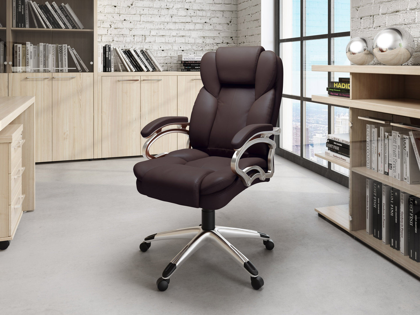 Ergonomic executive office chair in espresso brown leather with high back, adjustable armrests, and chrome base. Features plush cushioning, lumbar support, and 360-degree swivel for enhanced comfort and productivity.