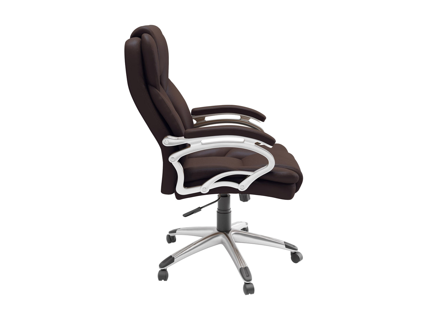 Ergonomic executive office chair in espresso brown leather with high back, adjustable armrests, and chrome base. Features plush cushioning, lumbar support, and 360-degree swivel for enhanced comfort and productivity.