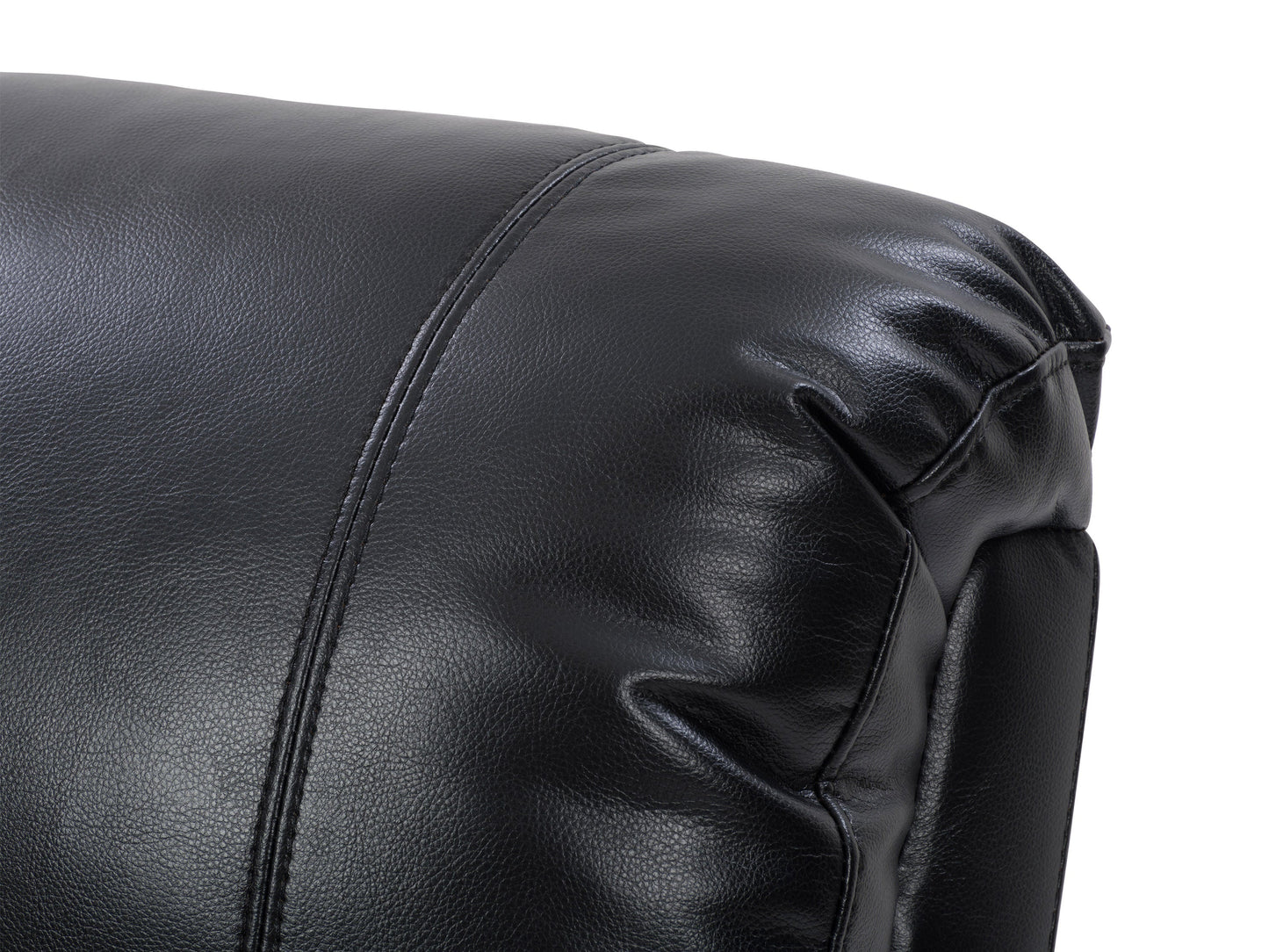Black leather power recliner with cup holder, plush cushioning, and sleek design. Features include adjustable headrest, ergonomic armrests, and smooth reclining mechanism for ultimate comfort.