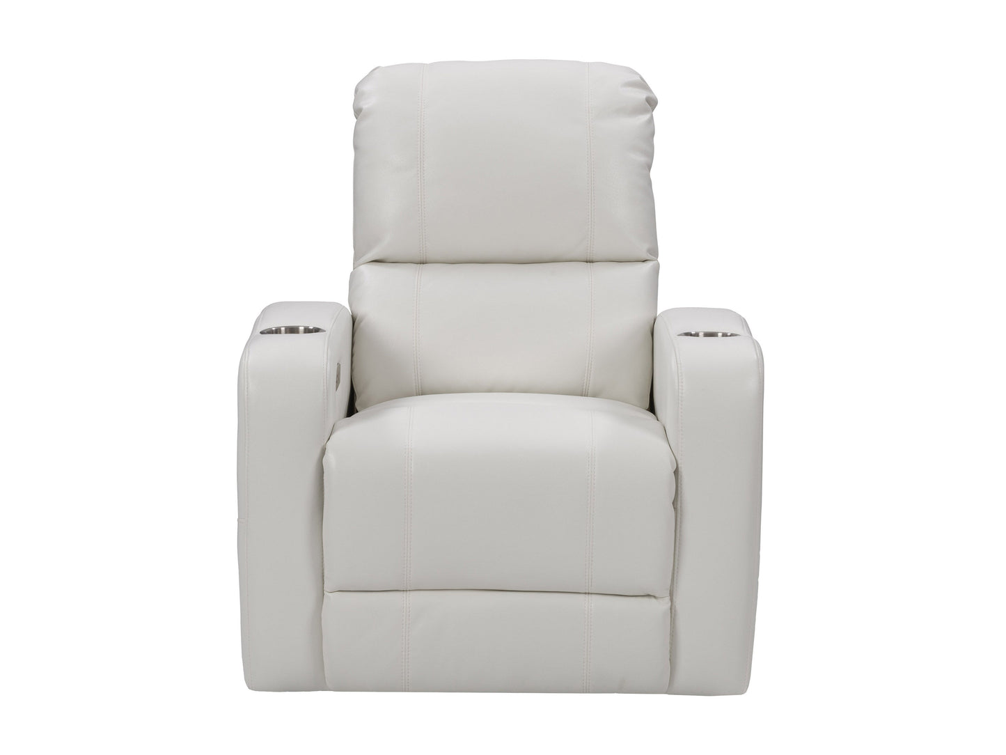 White leather power recliner with cup holder, featuring plush cushioning, sleek design, and smooth reclining mechanism, perfect for modern living rooms.
