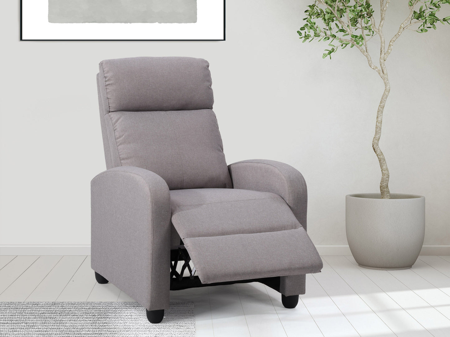 Light grey push back recliner with plush cushioning, sleek armrests, and a modern design. Upholstered in soft fabric with a sturdy wooden frame, perfect for living room comfort and relaxation.