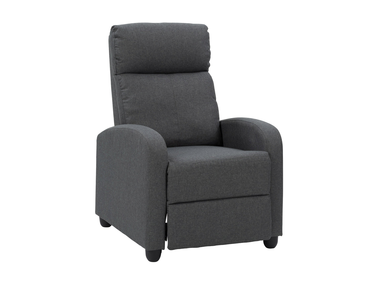 Dark grey push back recliner with plush cushioning, sleek armrests, and durable fabric upholstery. Ideal for living rooms, this comfortable and stylish chair features a reclining mechanism for ultimate relaxation.
