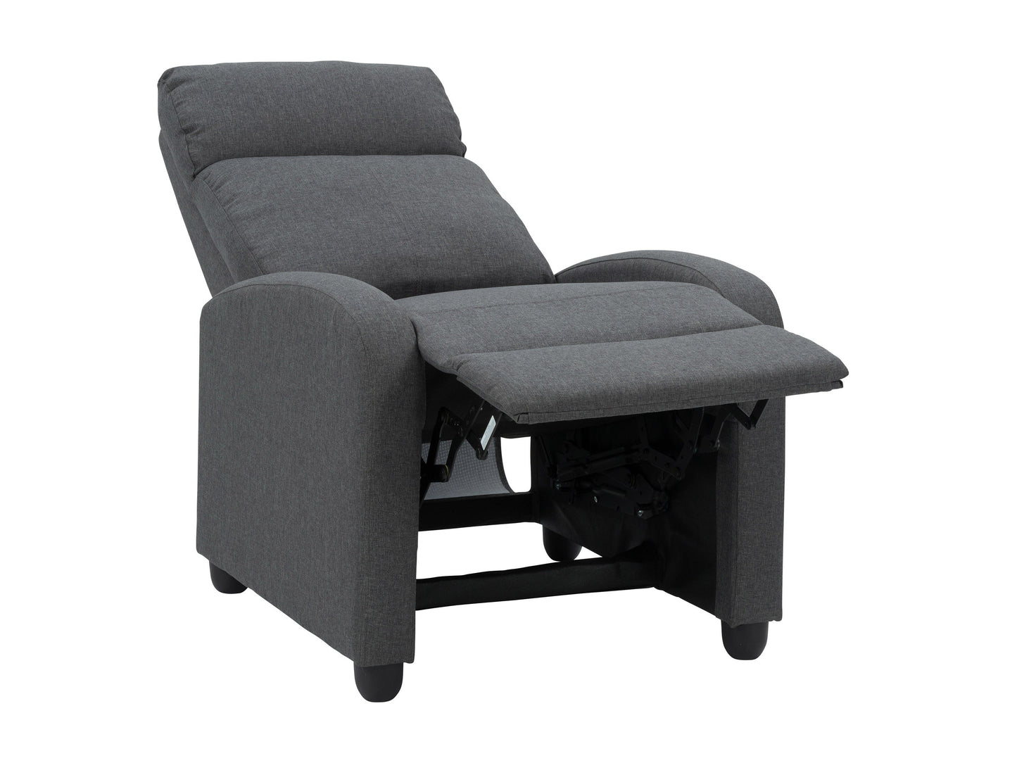 Dark grey push back recliner with plush cushioning, sleek armrests, and durable fabric upholstery. Ideal for living rooms, this comfortable and stylish chair features a reclining mechanism for ultimate relaxation.