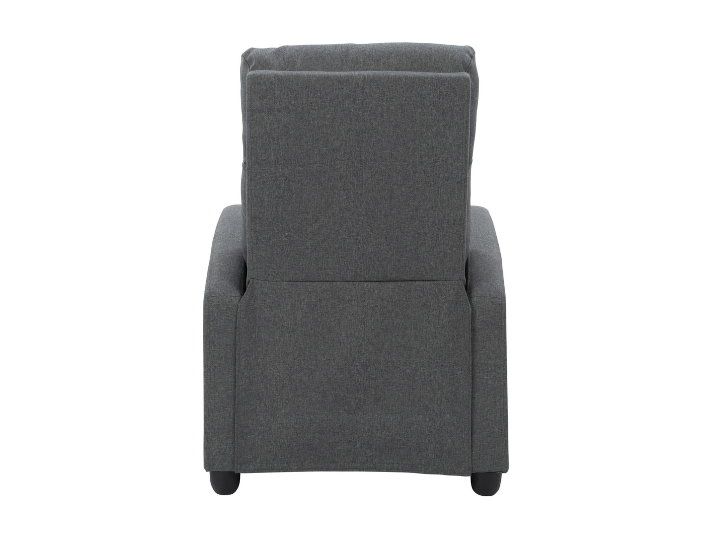 Dark grey push back recliner with plush cushioning, sleek armrests, and durable fabric upholstery. Ideal for living rooms, this comfortable and stylish chair features a reclining mechanism for ultimate relaxation.