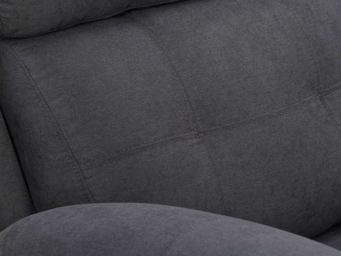 Dark grey extra wide recliner with plush cushions, soft fabric upholstery, and a sturdy metal frame. Ideal for living room comfort, featuring a reclining mechanism and spacious seating for ultimate relaxation.