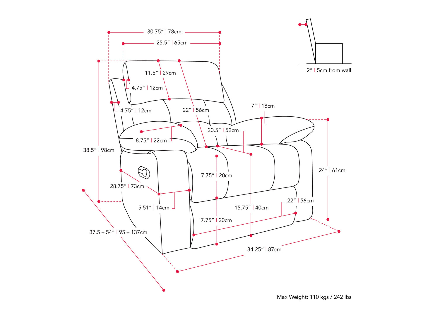 Dark grey extra wide recliner with plush cushions, soft fabric upholstery, and a sturdy metal frame. Ideal for living room comfort, featuring a reclining mechanism and spacious seating for ultimate relaxation.