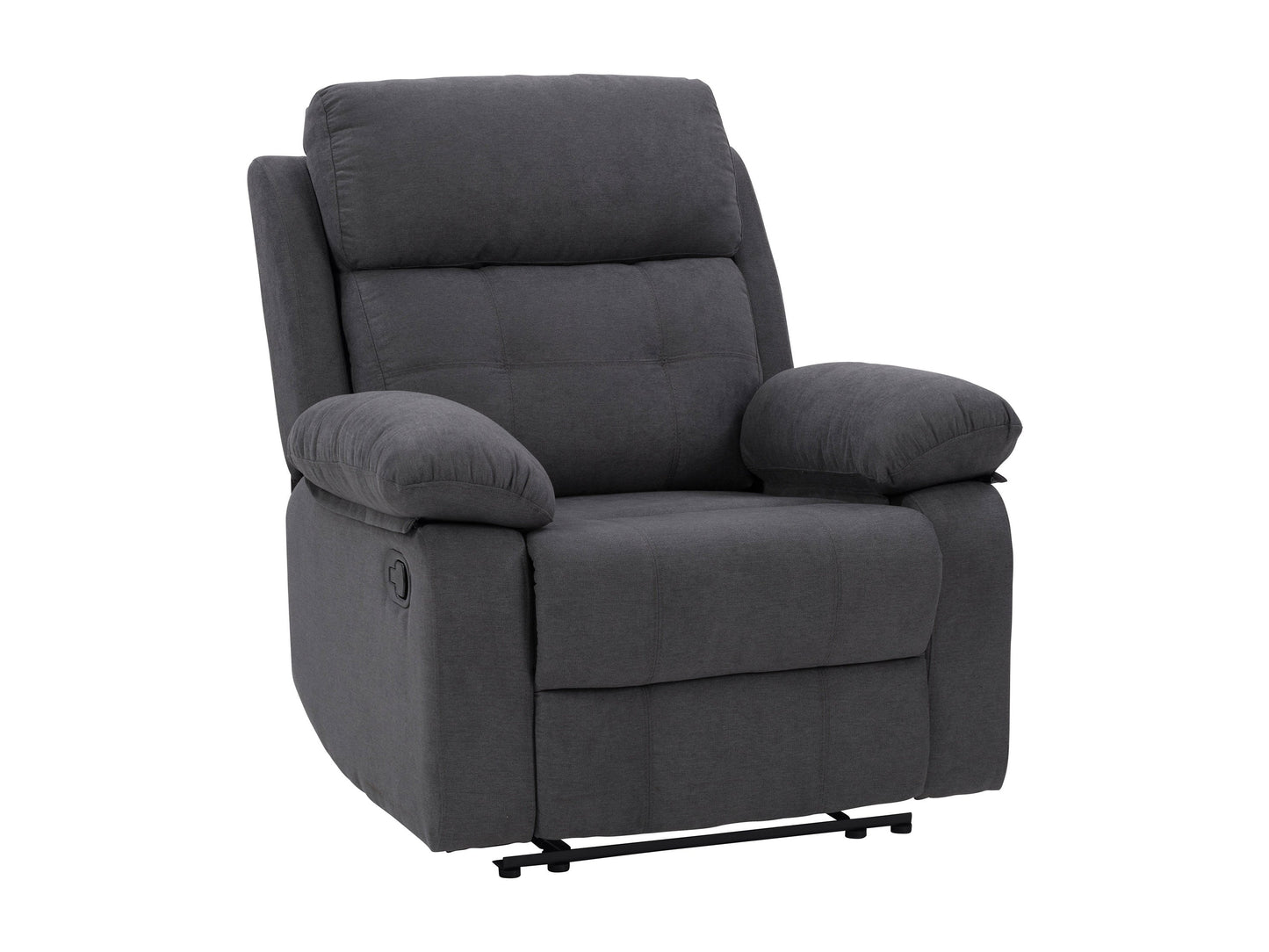Dark grey extra wide recliner with plush cushions, soft fabric upholstery, and a sturdy metal frame. Ideal for living room comfort, featuring a reclining mechanism and spacious seating for ultimate relaxation.