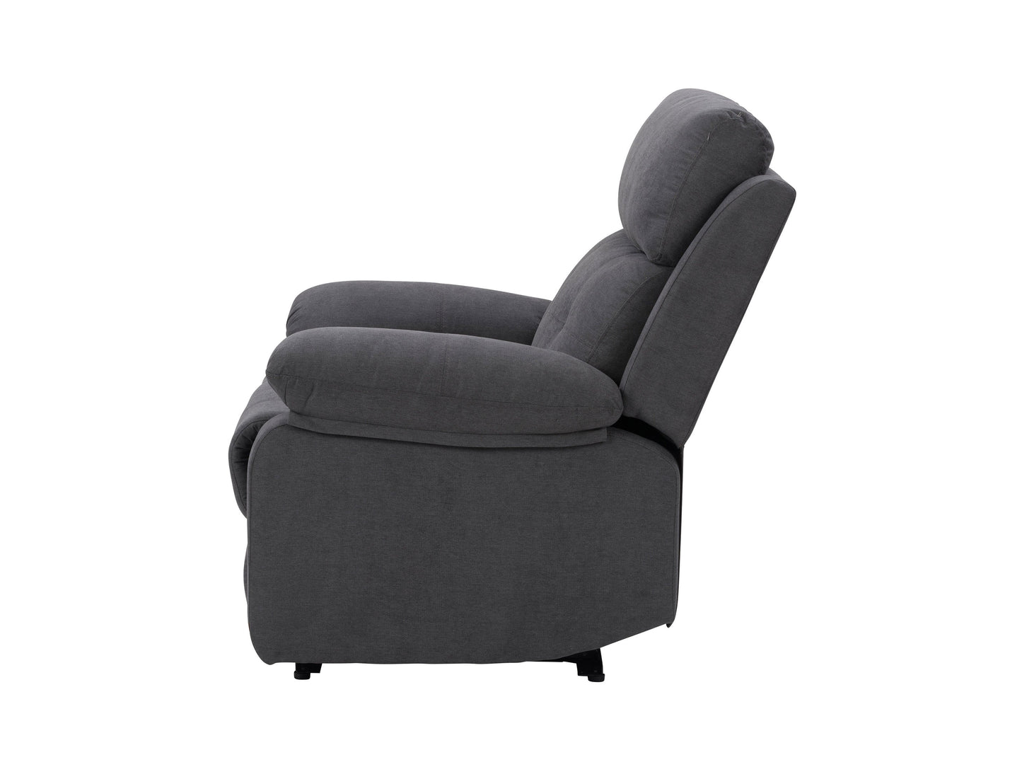 Dark grey extra wide recliner with plush cushions, soft fabric upholstery, and a sturdy metal frame. Ideal for living room comfort, featuring a reclining mechanism and spacious seating for ultimate relaxation.
