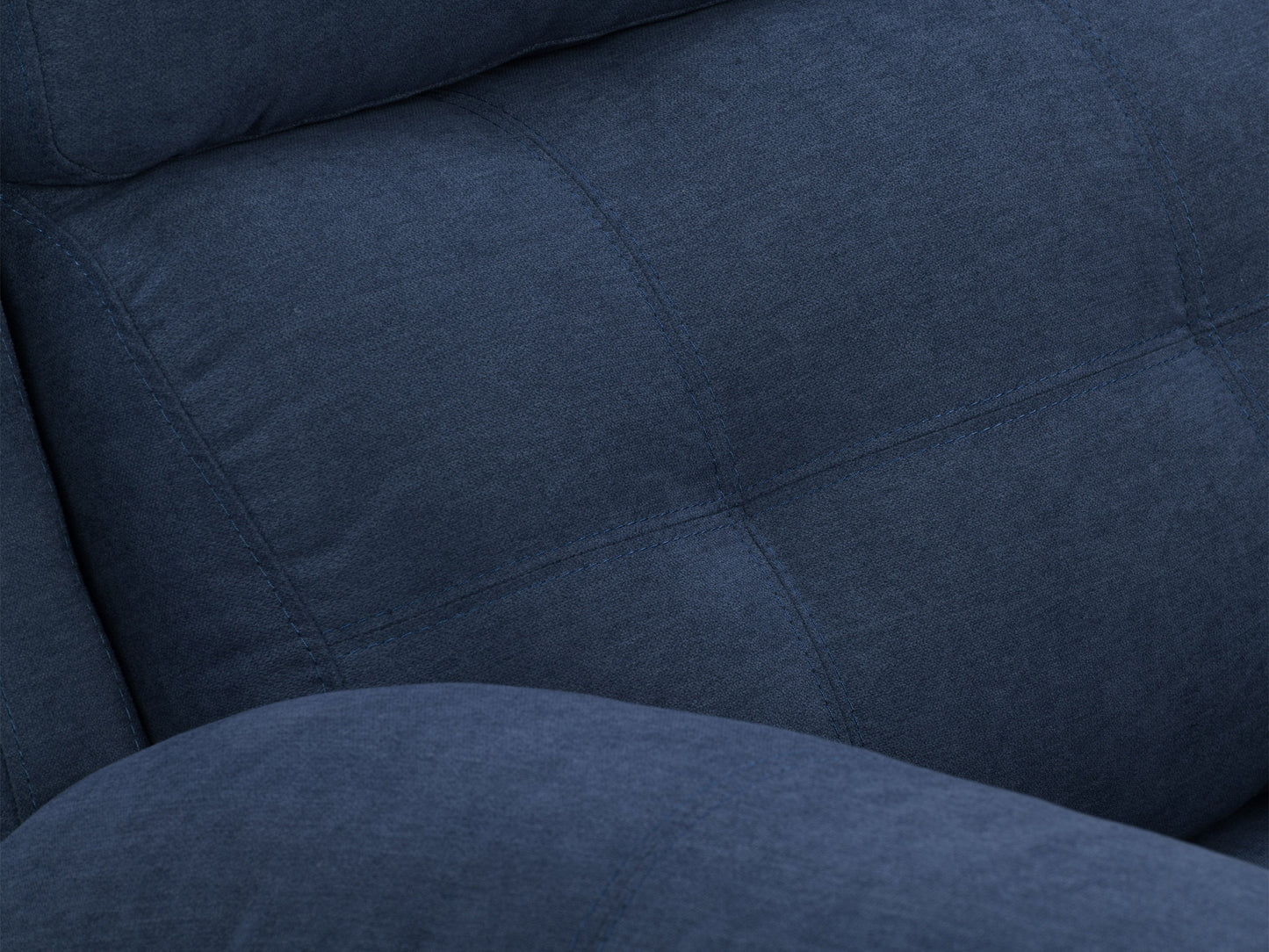 Blue 2-seater recliner sofa with plush cushions, sleek faux leather upholstery, and sturdy metal frame. Features dual reclining seats, padded armrests, and modern design perfect for small living rooms or cozy spaces.