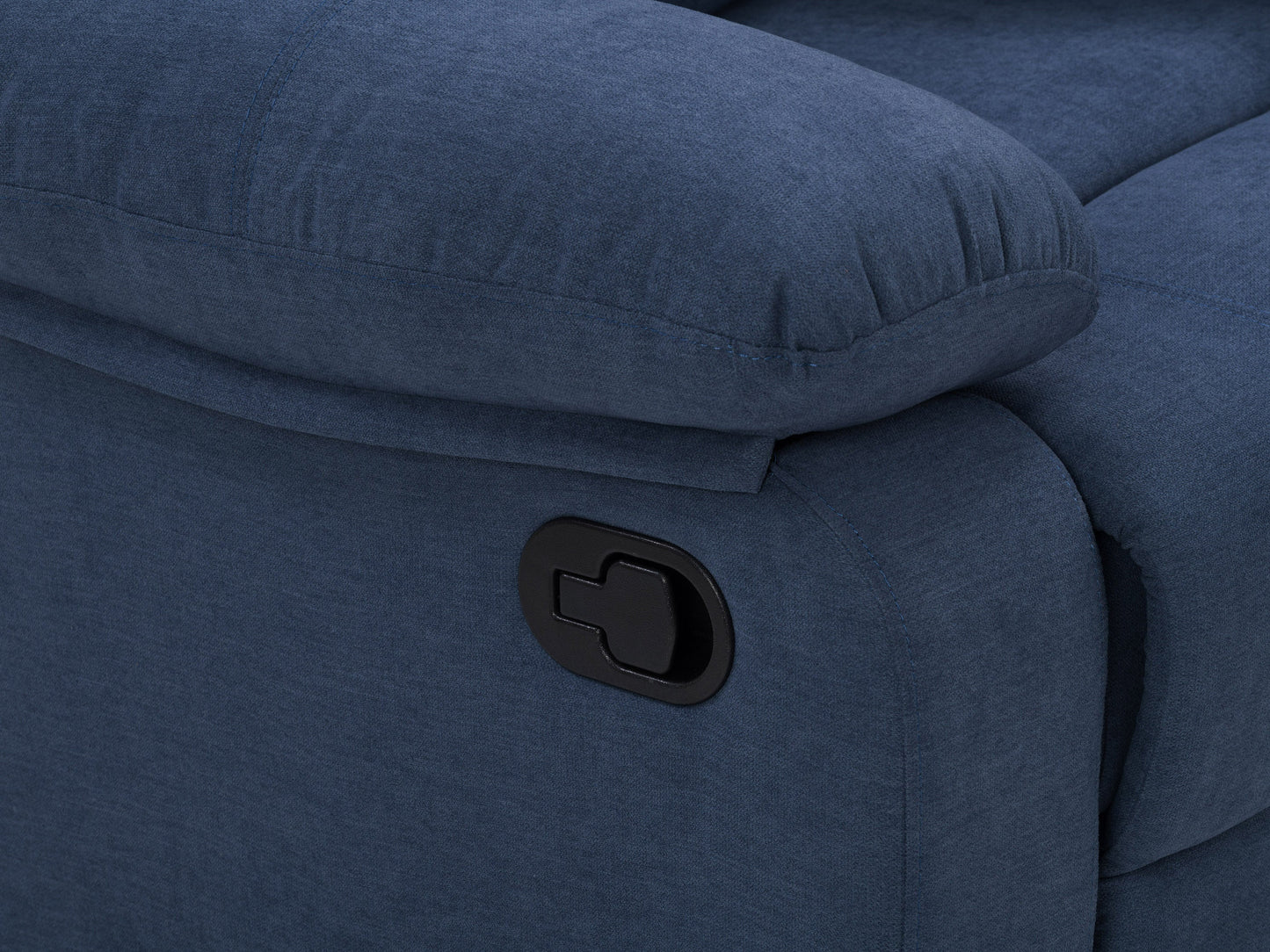 Blue 2-seater recliner sofa with plush cushions, sleek faux leather upholstery, and sturdy metal frame. Features dual reclining seats, padded armrests, and modern design perfect for small living rooms or cozy spaces.
