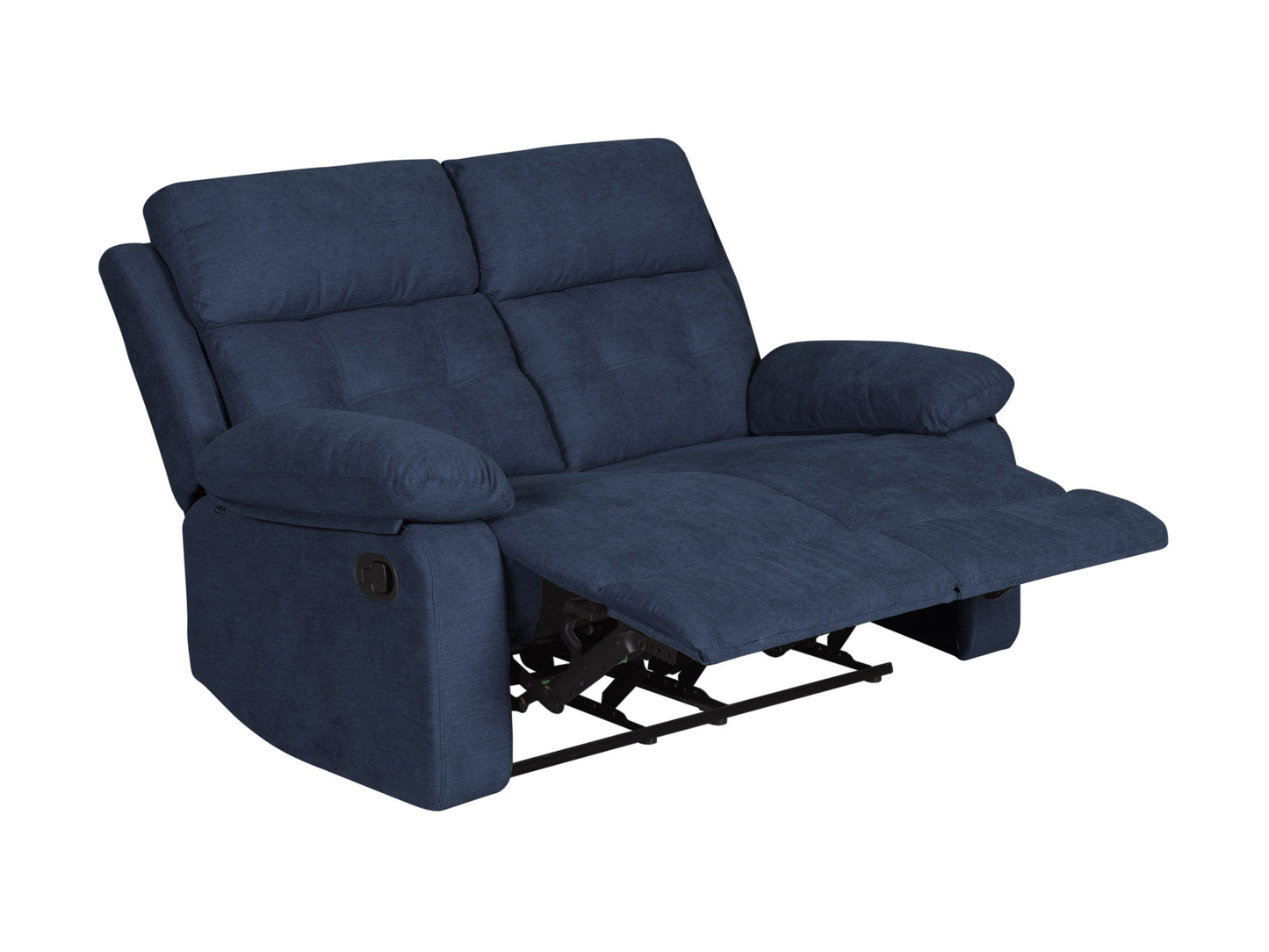 Blue 2-seater recliner sofa with plush cushions, sleek faux leather upholstery, and sturdy metal frame. Features dual reclining seats, padded armrests, and modern design perfect for small living rooms or cozy spaces.