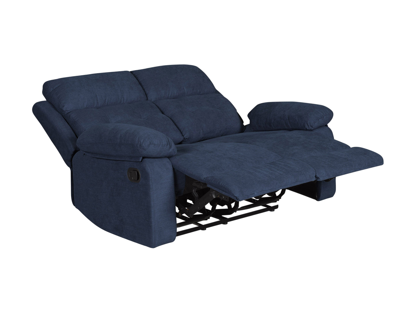 Blue 2-seater recliner sofa with plush cushions, sleek faux leather upholstery, and sturdy metal frame. Features dual reclining seats, padded armrests, and modern design perfect for small living rooms or cozy spaces.