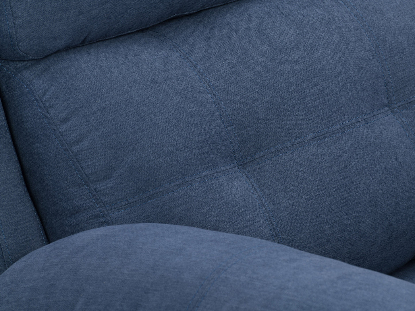 Extra wide blue recliner with plush fabric upholstery, padded armrests, and a sturdy wooden frame; ideal for living rooms and home theaters.