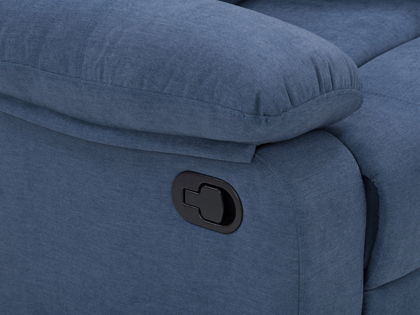Extra wide blue recliner with plush fabric upholstery, padded armrests, and a sturdy wooden frame; ideal for living rooms and home theaters.