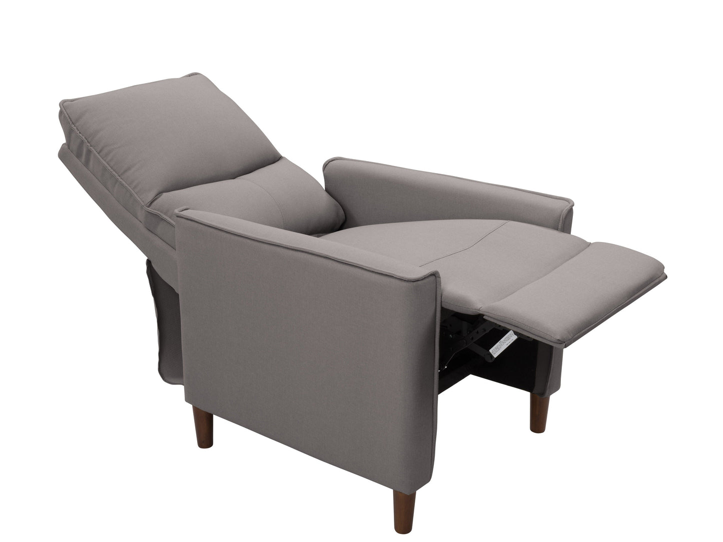 Light grey mid-century recliner with wooden legs, tufted back, and soft fabric upholstery, perfect for modern living rooms.
