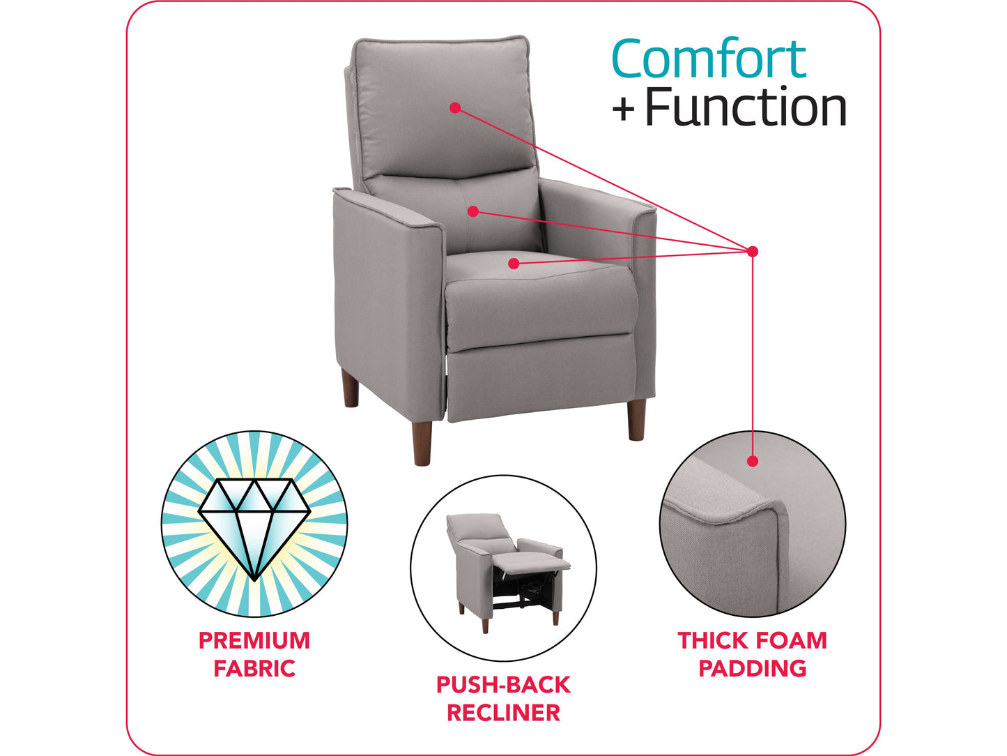 Light grey mid-century recliner with wooden legs, tufted back, and soft fabric upholstery, perfect for modern living rooms.
