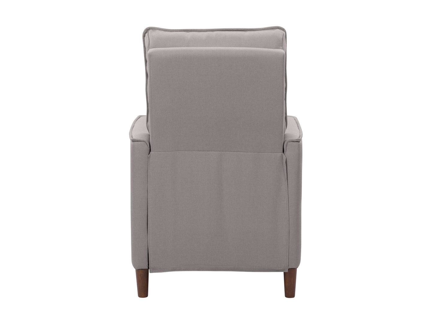 Light grey mid-century recliner with wooden legs, tufted back, and soft fabric upholstery, perfect for modern living rooms.