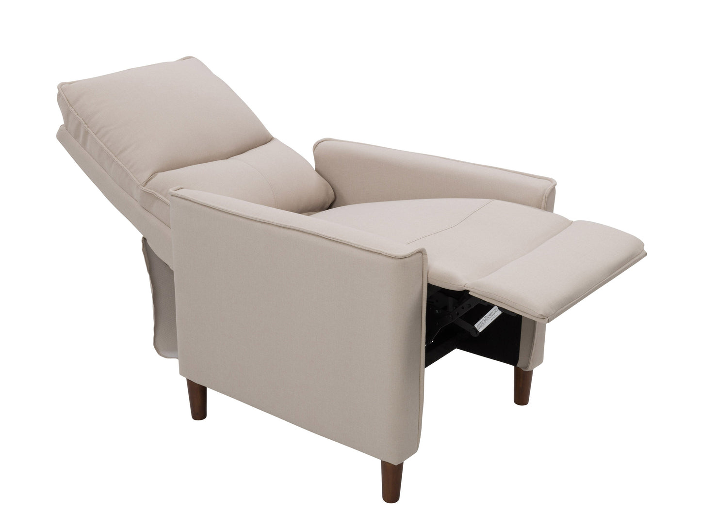 Beige mid-century recliner with wooden legs, tufted backrest, and soft fabric upholstery, featuring a sleek, minimalist design perfect for modern living rooms.