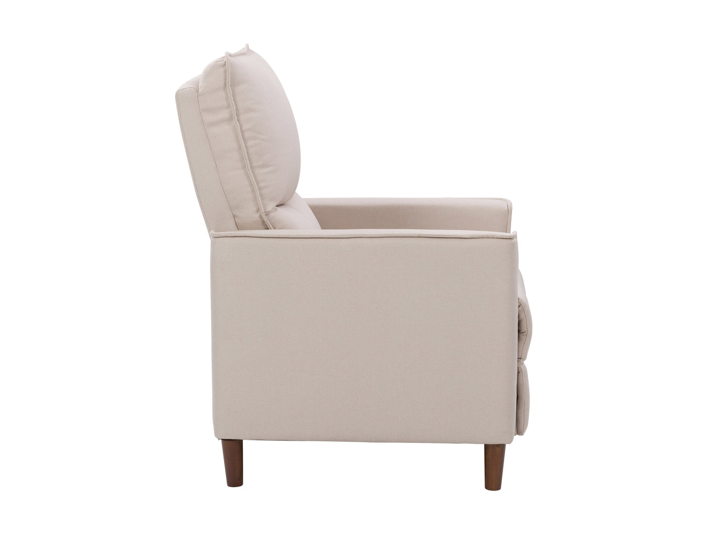 Beige mid-century recliner with wooden legs, tufted backrest, and soft fabric upholstery, featuring a sleek, minimalist design perfect for modern living rooms.