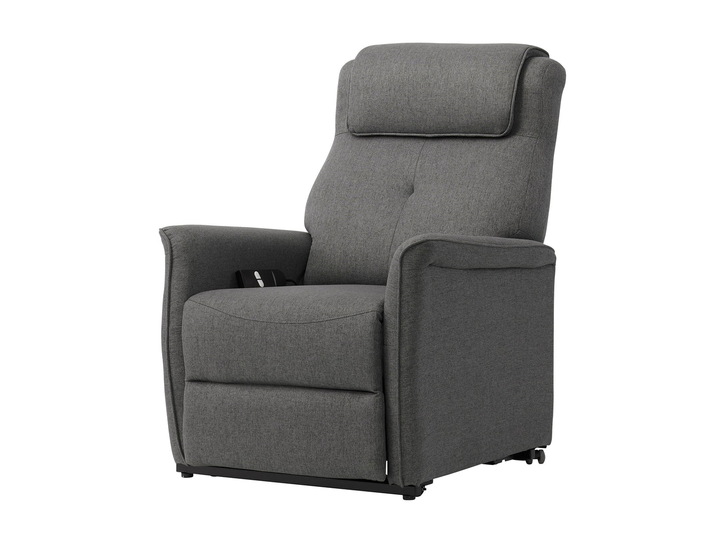 Medium grey power lift recliner with plush upholstery, ergonomic design, padded armrests, and remote control for easy adjustment. Ideal for elderly or mobility-challenged users seeking comfort and convenience.