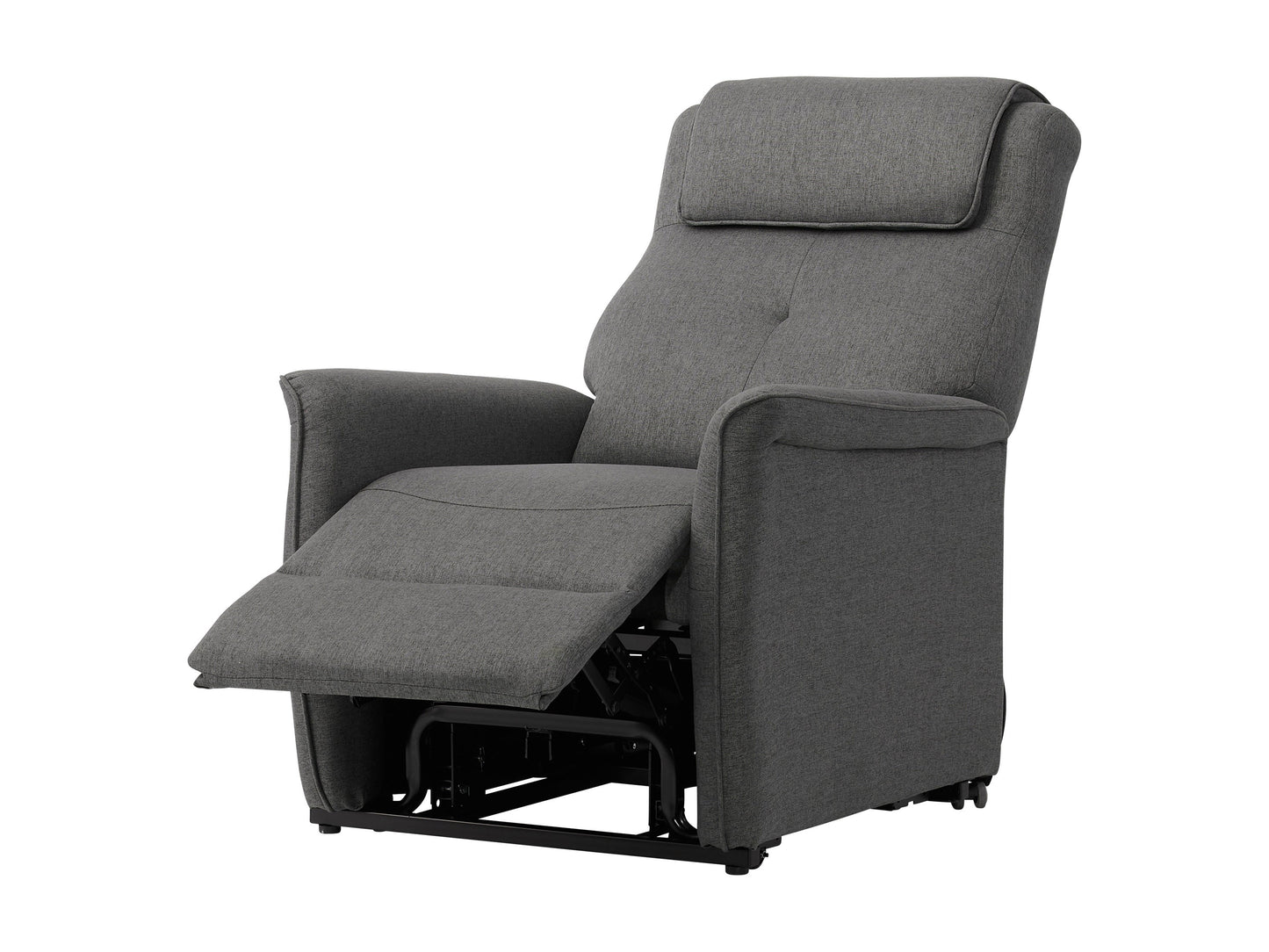 Medium grey power lift recliner with plush upholstery, ergonomic design, padded armrests, and remote control for easy adjustment. Ideal for elderly or mobility-challenged users seeking comfort and convenience.