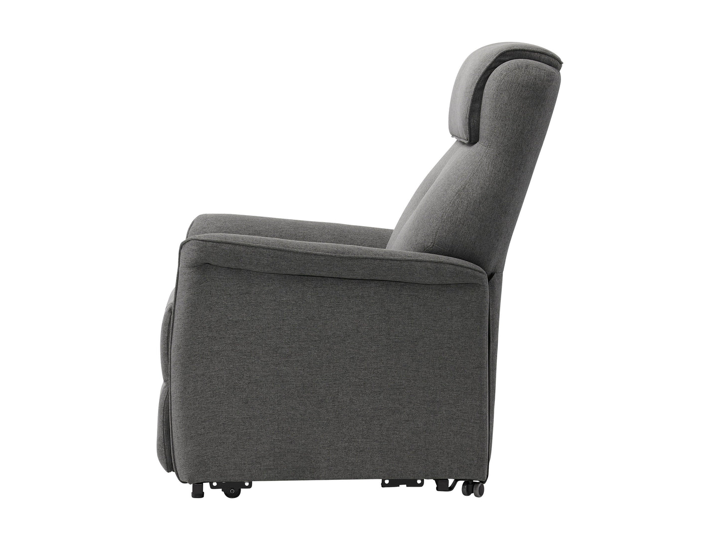 Medium grey power lift recliner with plush upholstery, ergonomic design, padded armrests, and remote control for easy adjustment. Ideal for elderly or mobility-challenged users seeking comfort and convenience.