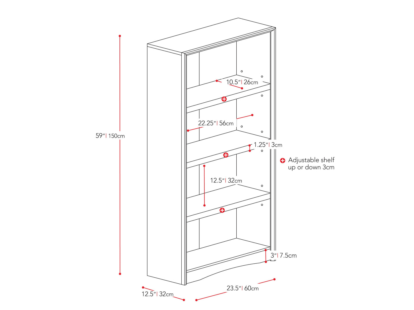 White 4 shelf bookcase with clean lines, minimalist design, and sturdy construction. Made of wood with a smooth finish, ideal for modern home or office organization.
