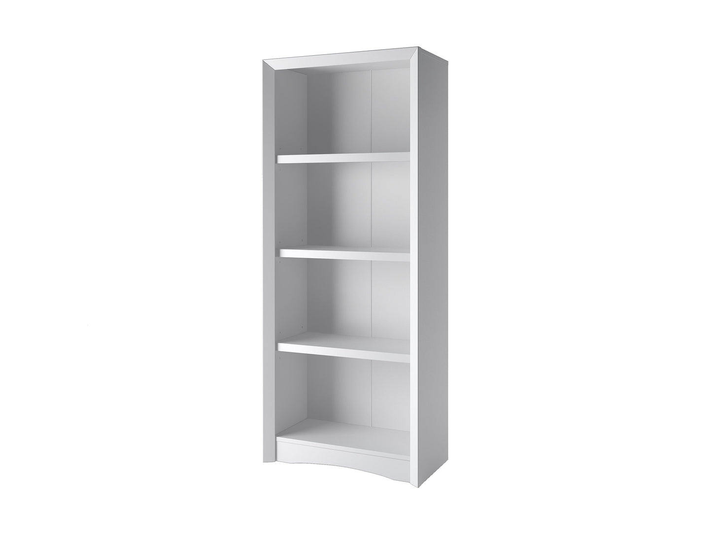 White 4 shelf bookcase with clean lines, minimalist design, and sturdy construction. Made of wood with a smooth finish, ideal for modern home or office organization.
