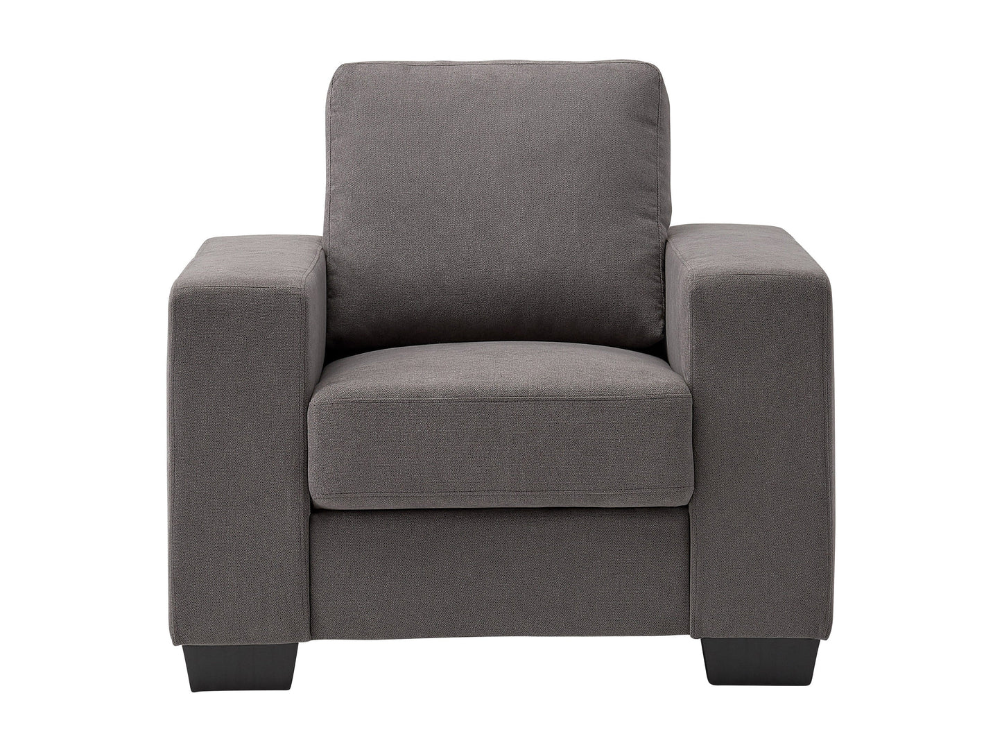 Dark grey arm chair with plush fabric upholstery, sleek wooden legs, and a high backrest. Ideal for living rooms or offices, offering comfortable seating and modern design.