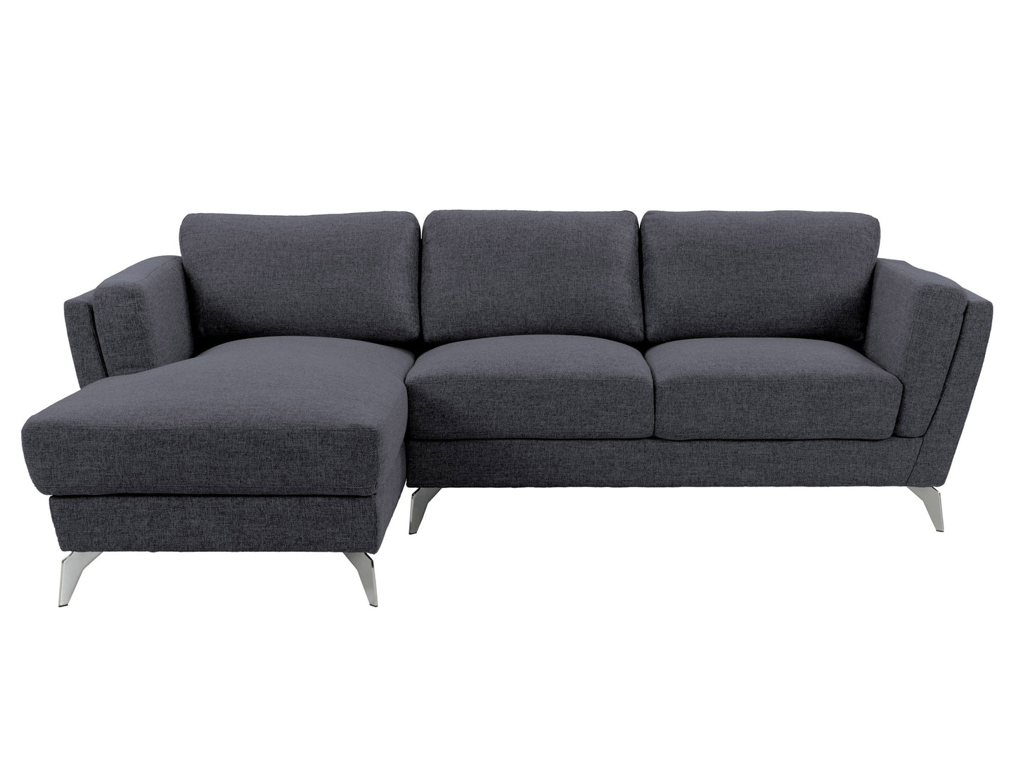 Deep blue L-shaped sectional sofa, left-facing, with plush cushions and sleek modern design. Upholstered in soft fabric, featuring sturdy wooden legs and ample seating for a contemporary living room.