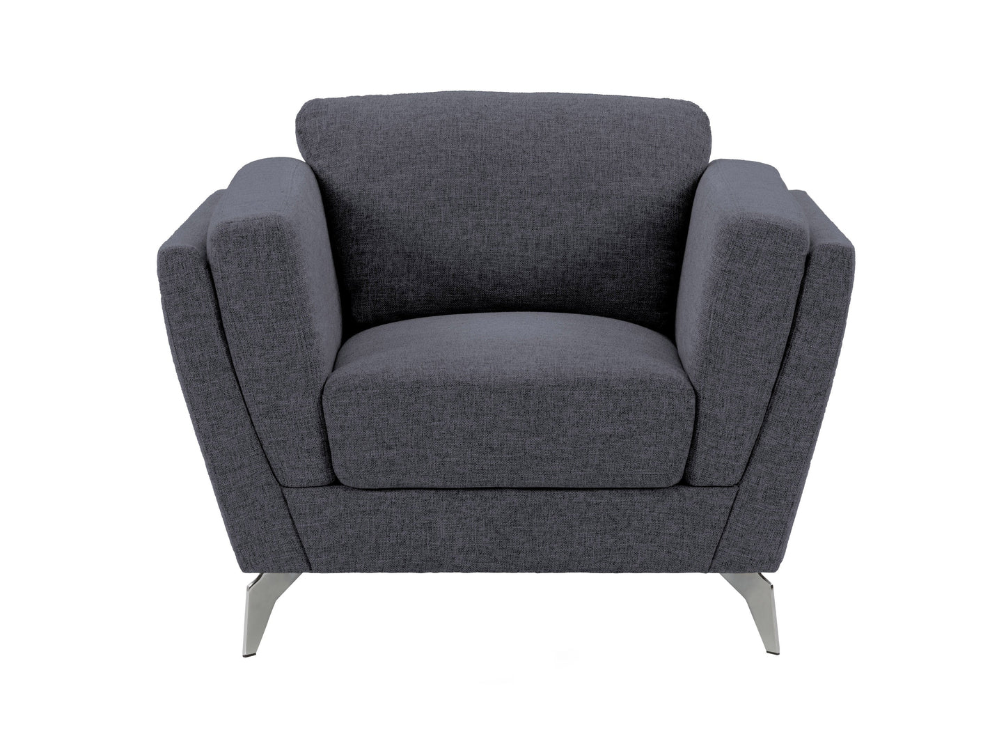 Deep blue upholstered arm chair with wooden legs, featuring a plush, cushioned seat and backrest, and subtle button tufting for added elegance. Ideal for living room or office decor.