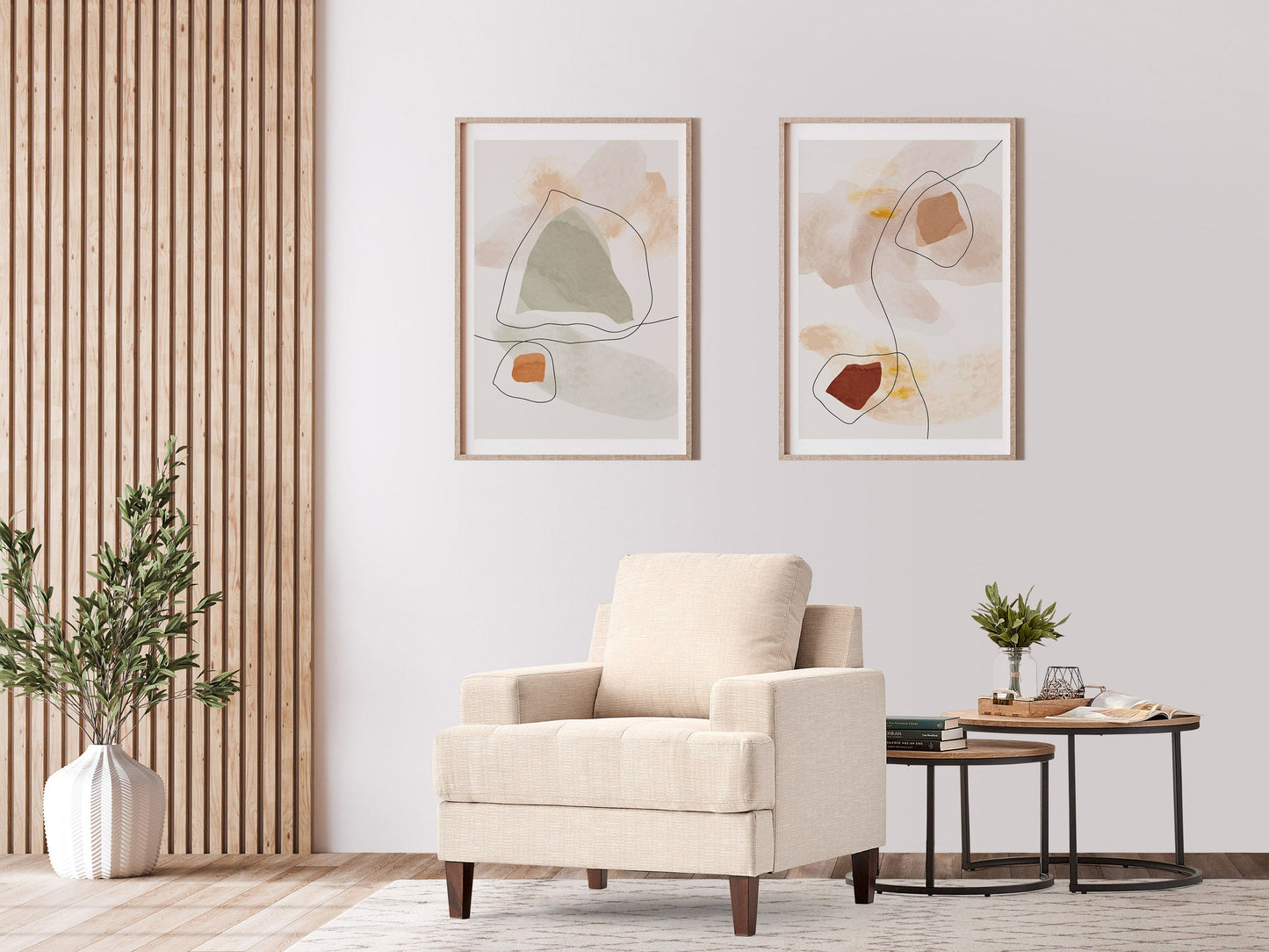 Beige mid-century armchair with wooden legs, tufted backrest, and smooth upholstery. Ideal for living rooms or offices, this stylish chair combines comfort with a retro design aesthetic.